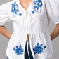 White Puff Sleeve Top with Blue Floral Embroidery