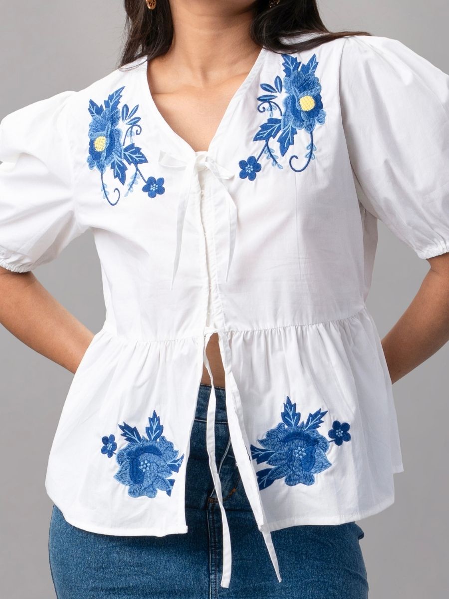 White Puff Sleeve Top with Blue Floral Embroidery
