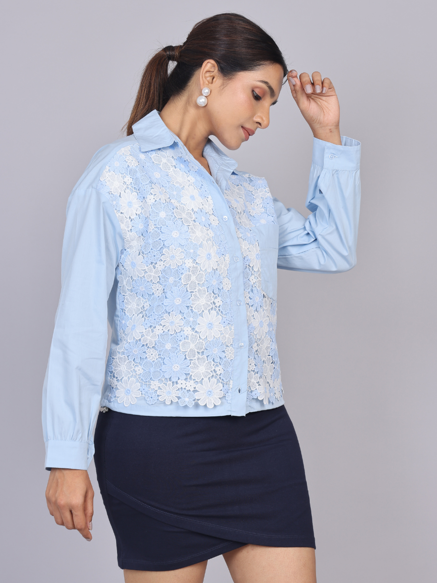 Sky Bloom Lace Cotton Shirt with Adjustable Hem