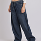 Dark Blue Drawstring Waist Wide-Leg Denim Jeans