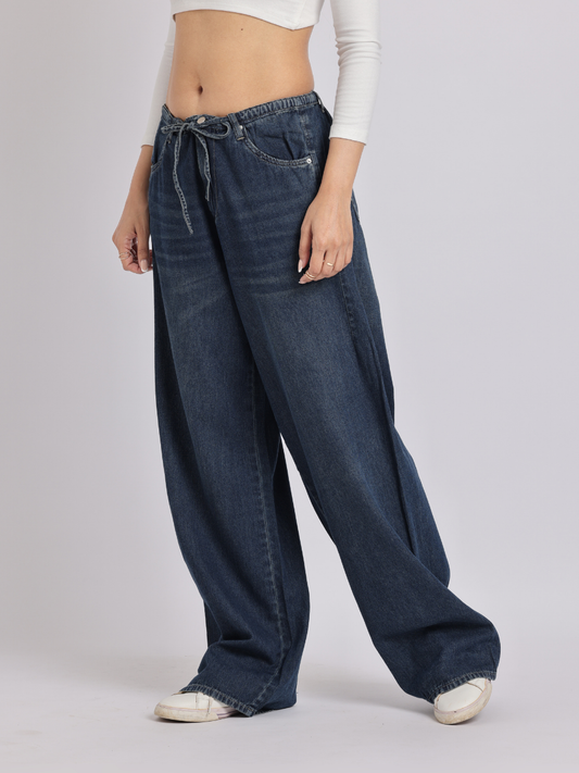 Dark Blue Drawstring Waist Wide-Leg Denim Jeans