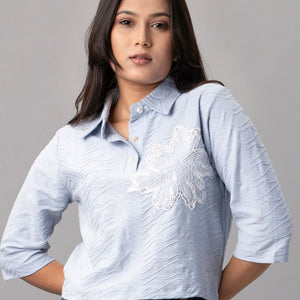 Sky Ripple Embroidered Collared Top