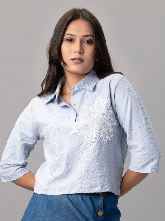 Sky Ripple Embroidered Collared Top