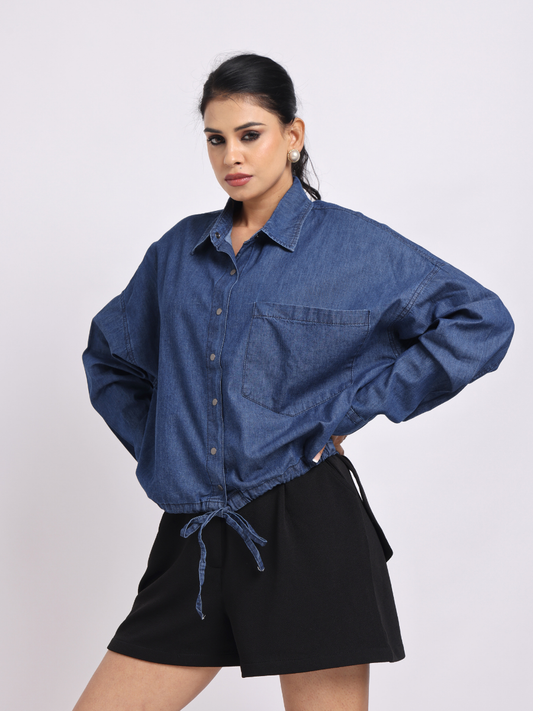 Drawstring Hem Denim Shirt