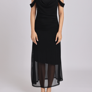 Black Draped Cold-Shoulder Sheer Hem Maxi Dress