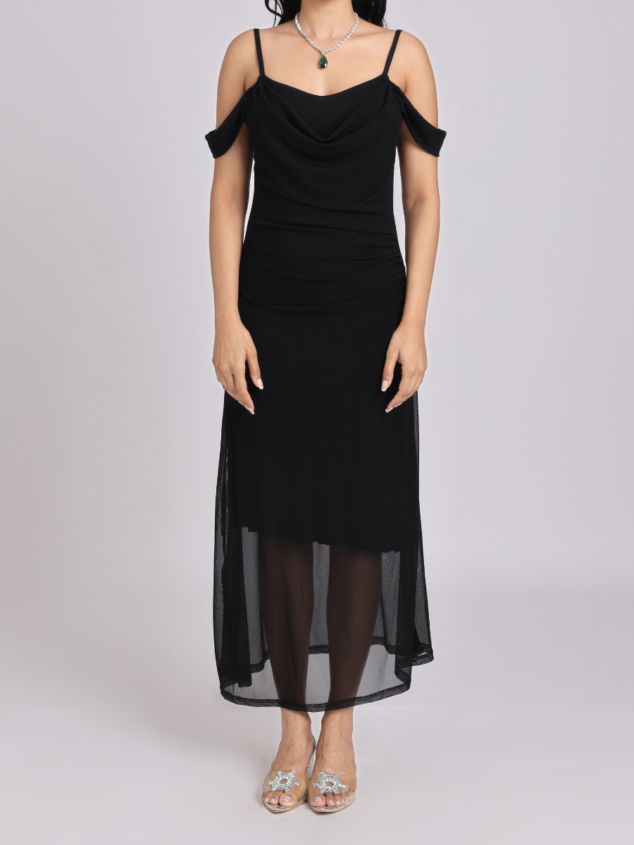 Black Draped Cold-Shoulder Sheer Hem Maxi Dress