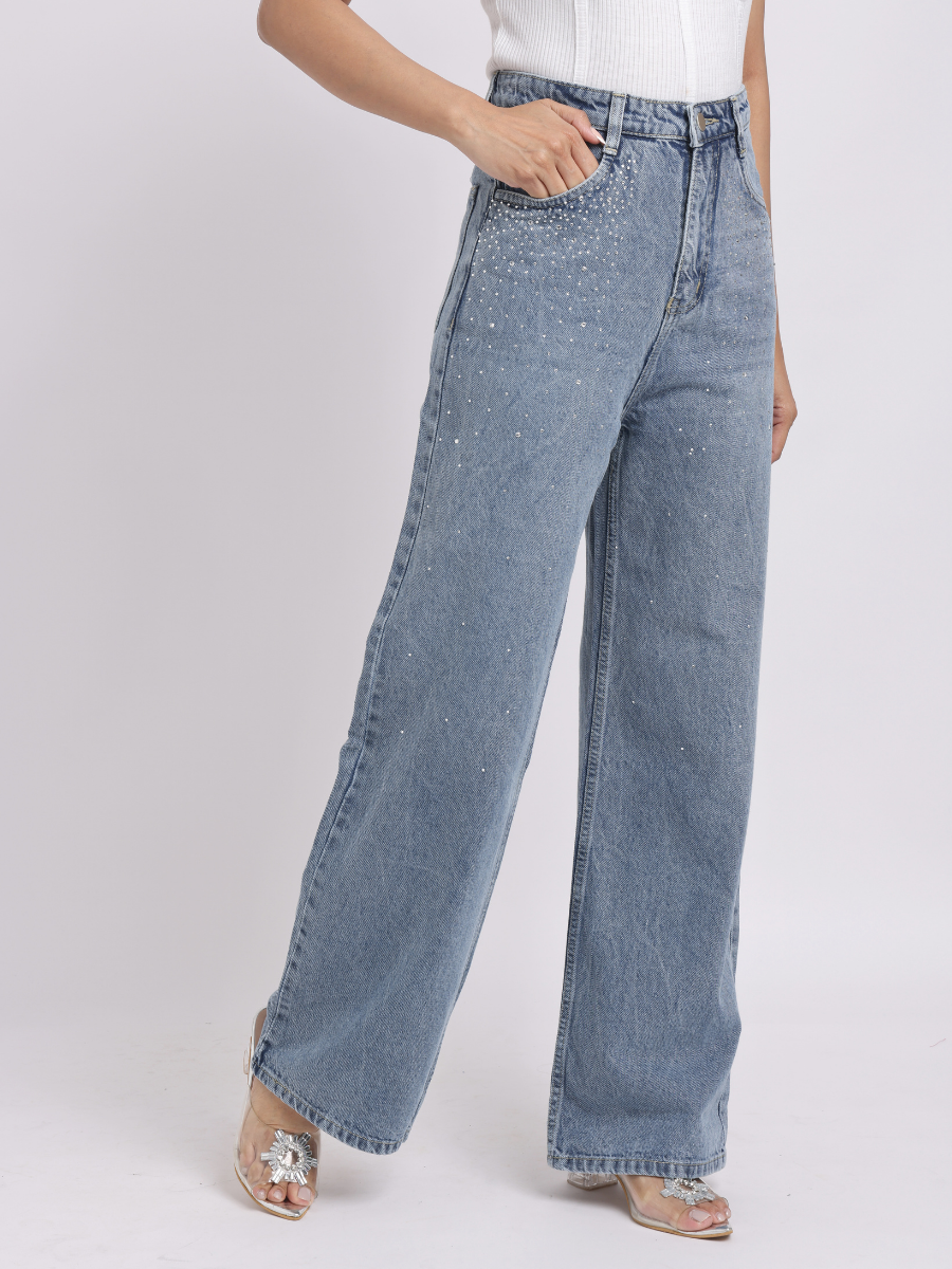 Blue Rhinestone-Embellished Wide-Leg Denim Jeans