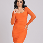 Orange Ruched Mesh-Sleeve Bodycon Mini Dress