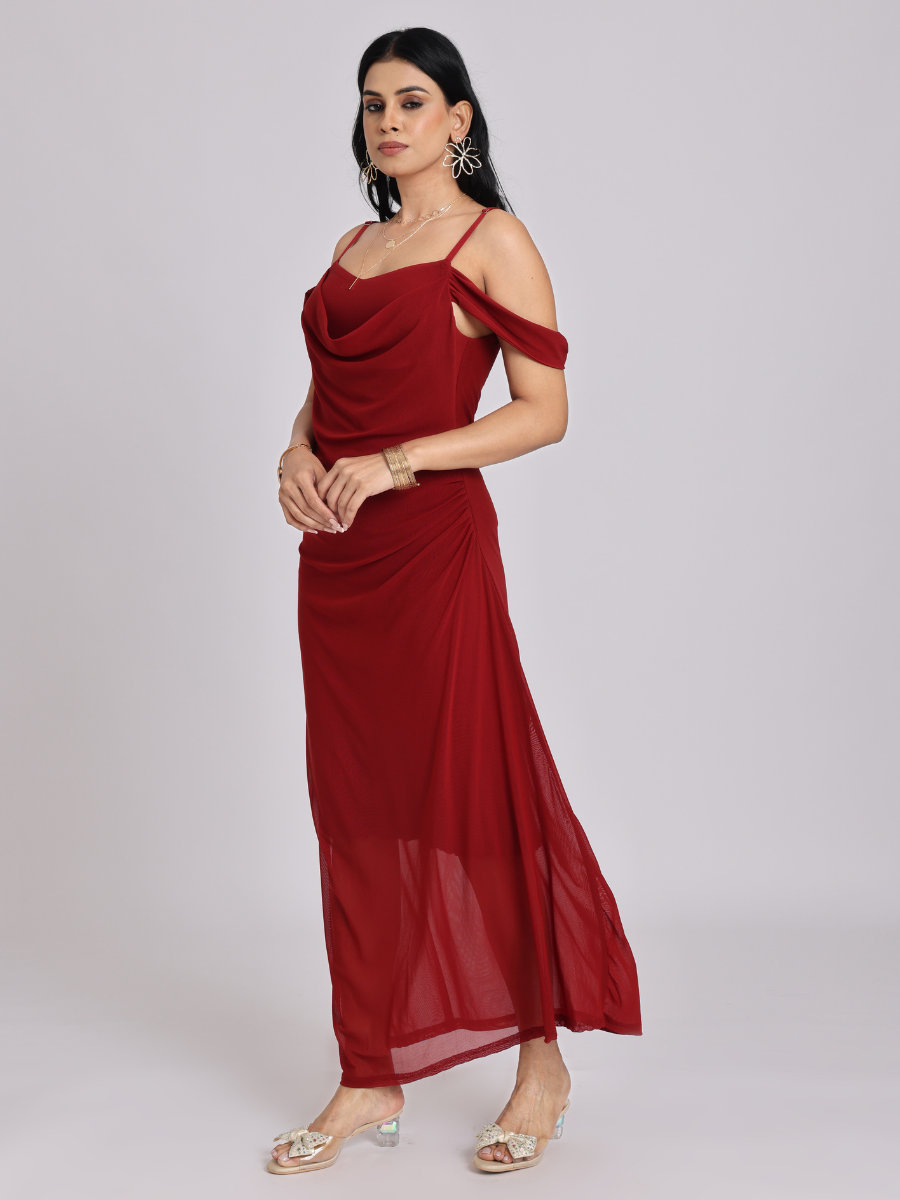 Maroon Red Draped Cold-Shoulder Maxi Dress – NATICA