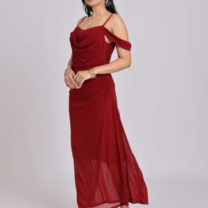 Maroon Red Draped Cold-Shoulder Maxi Dress
