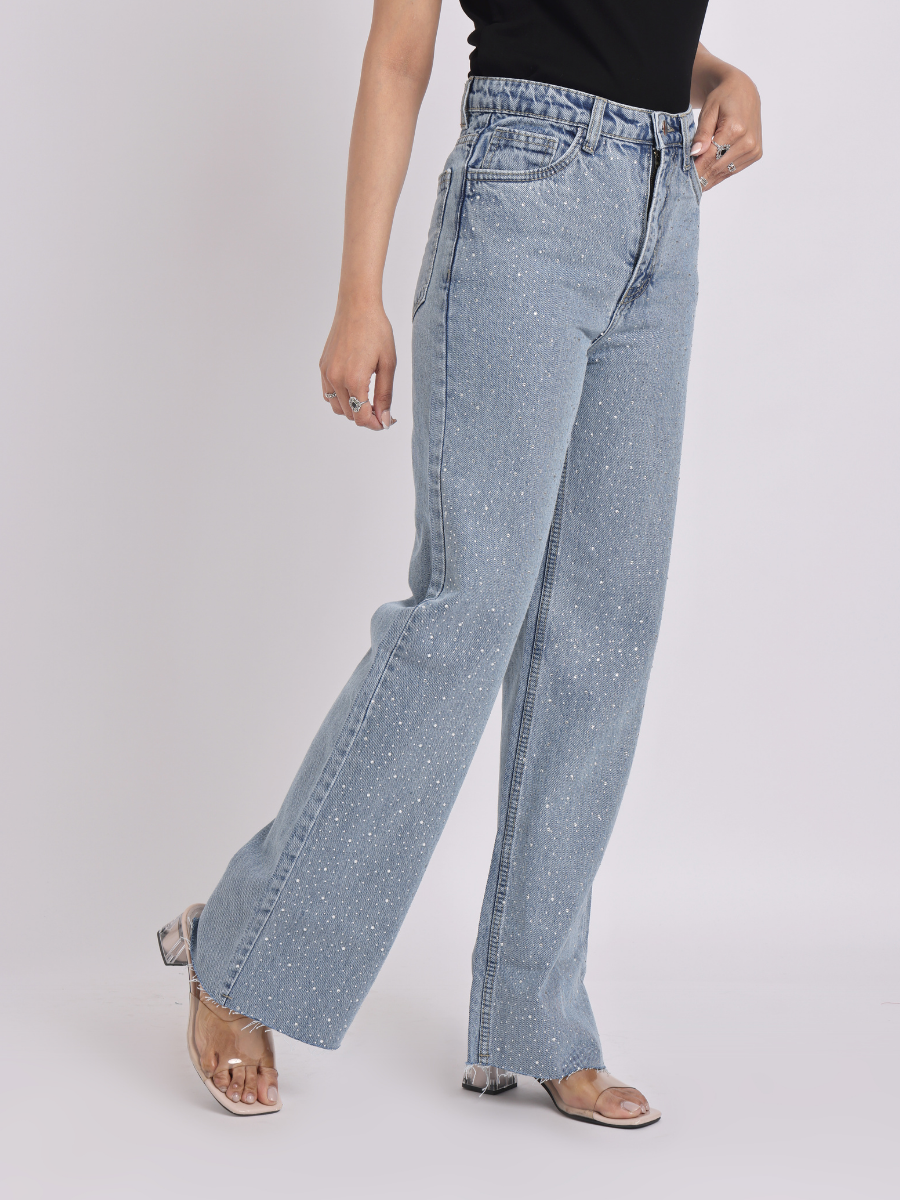 Light Blue Rhinestone Studded Straight-Fit Denim Jeans