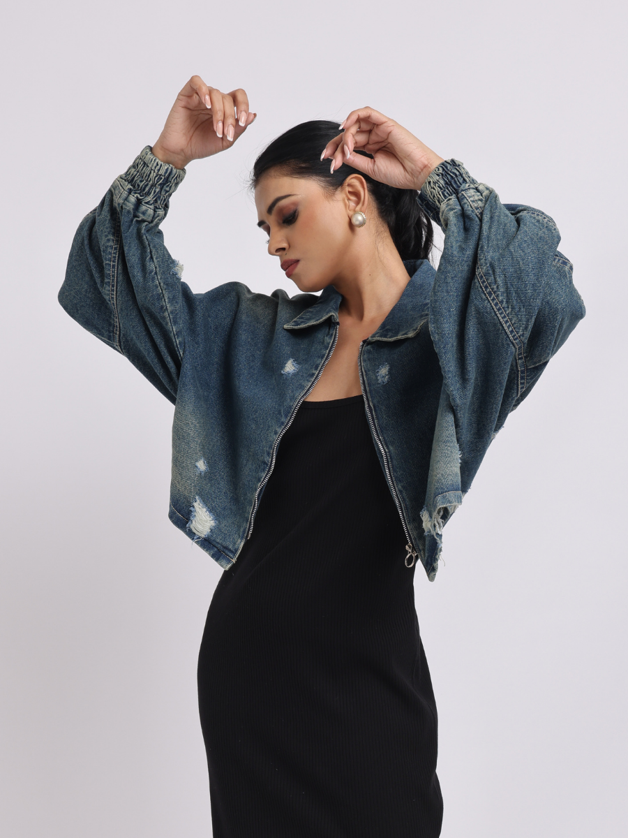 Blue Distressed Denim Jacket with Zip Closure