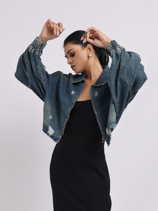 Blue Distressed Denim Jacket with Zip Closure