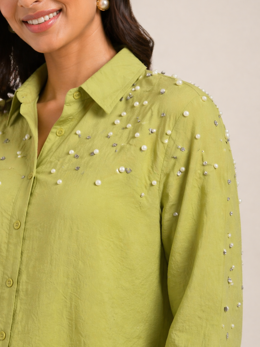 Olive Green Fit Pearl & Diamond-Embellished Shirt