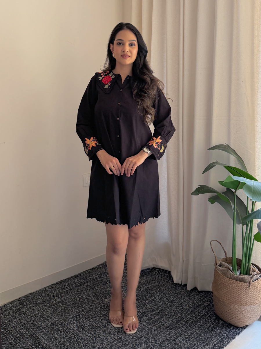 green emerald velvet dress Rachelle Black Embroidered Mesh Mini Shirt Dress (Archive Sale)