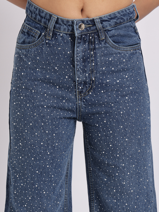 Mid-Blue Rhinestone Studded Straight-Fit Denim Jeans
