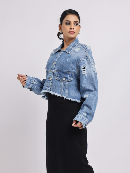 Distressed Cropped Denim Jacket