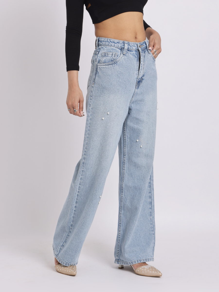 Light Blue Pearl Bow Straight-Fit Jeans