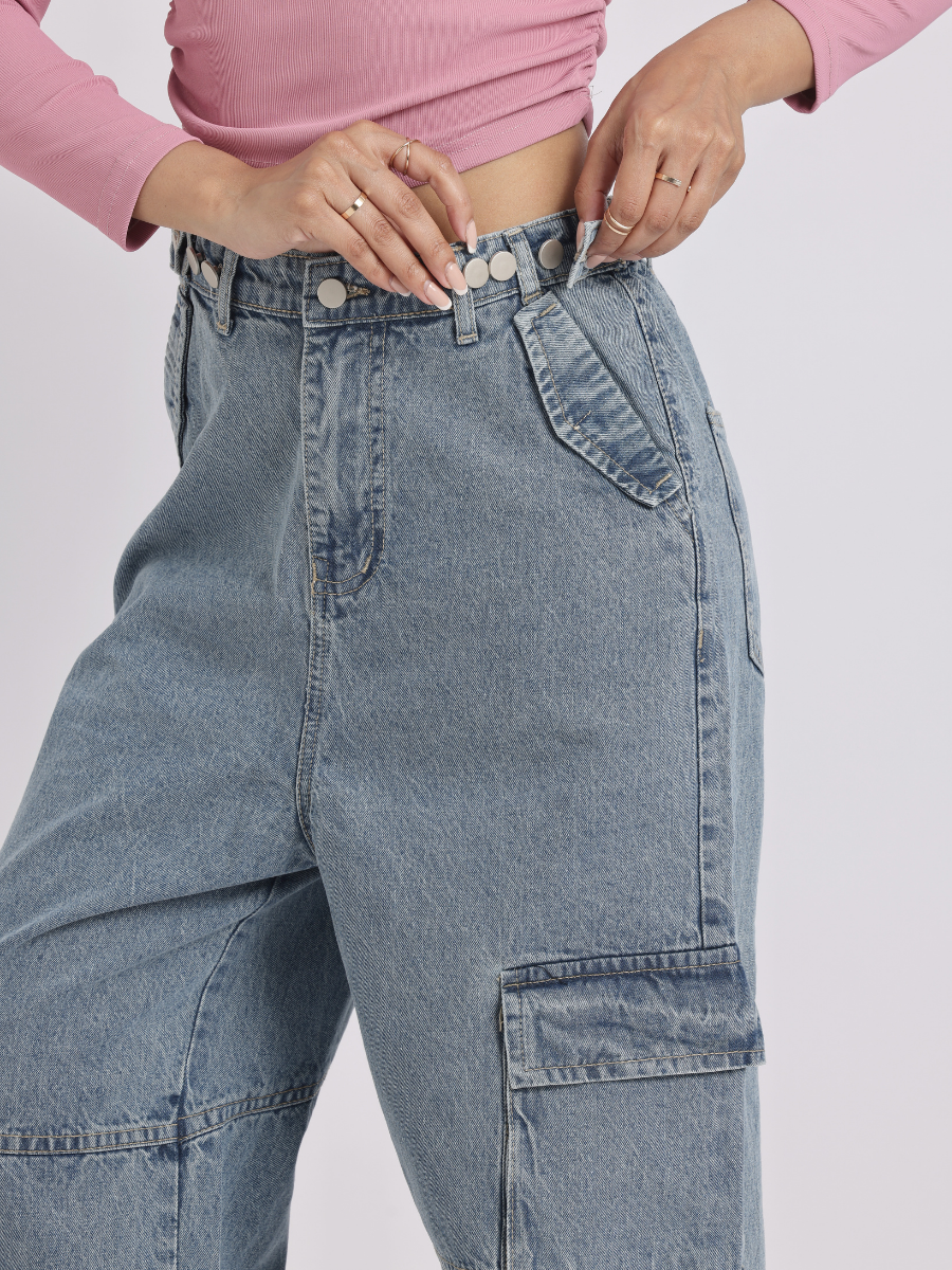 Blue Adjustable Waist Cargo Jeans for Women