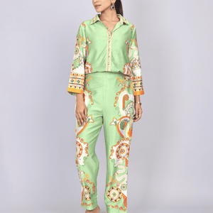 Elegant Green Silk Co-Ord Set with Floral Print