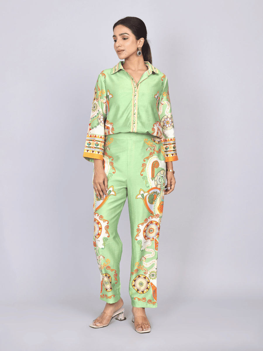 Elegant Green Silk Co-Ord Set with Floral Print
