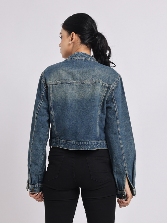 Mid Blue Cropped Denim Jacket for Women