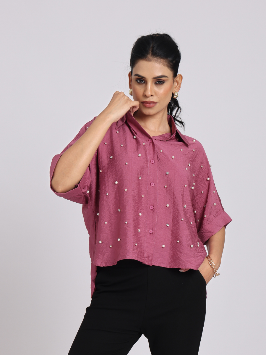 Rosy Pink Pearl-Diamond Oversized Shirt