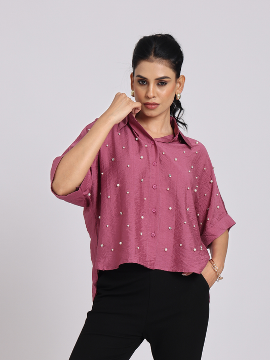 Rosy Pink Pearl-Diamond Oversized Shirt