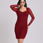 Maroon Ruched Mesh-Sleeve Bodycon Dress