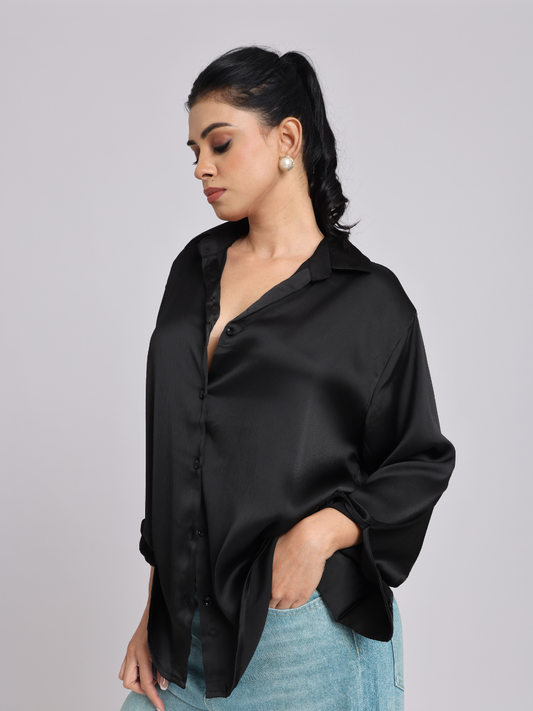 Premium Black Satin Long-Sleeve Shirt