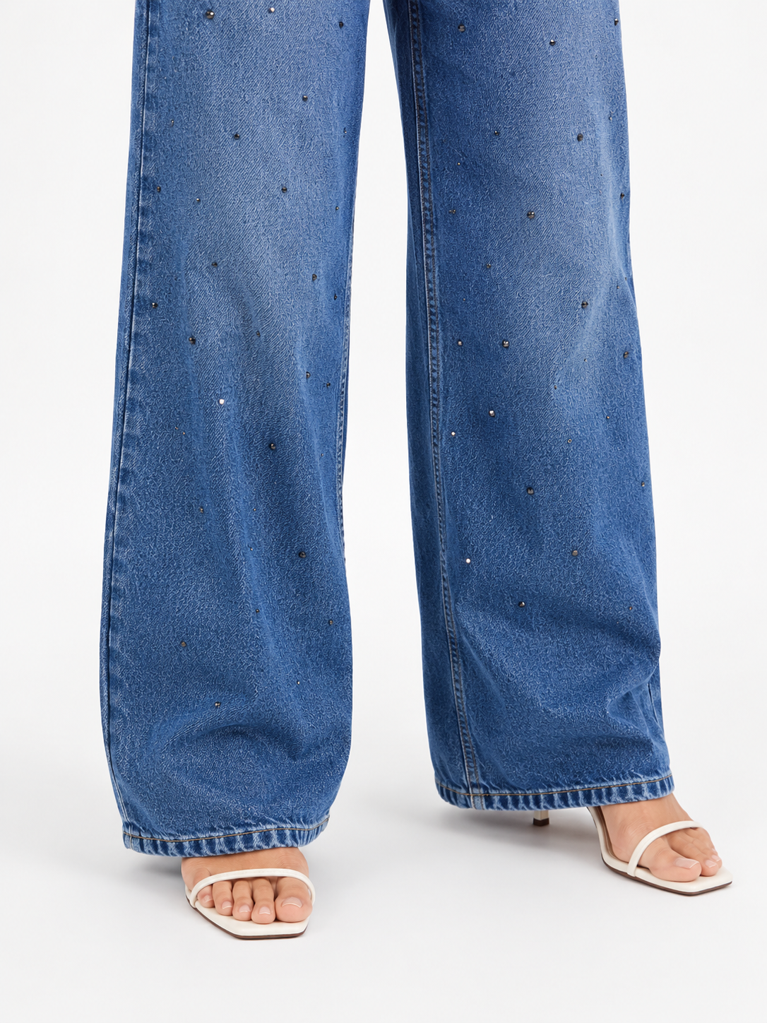 Blue Rhinestone Embellished High Waist Wide Leg Jeans