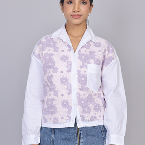 Lilac Lace Patch Cotton Shirt with Drawstring Hem