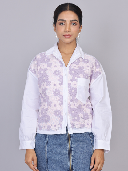 Lilac Lace Patch Cotton Shirt with Drawstring Hem