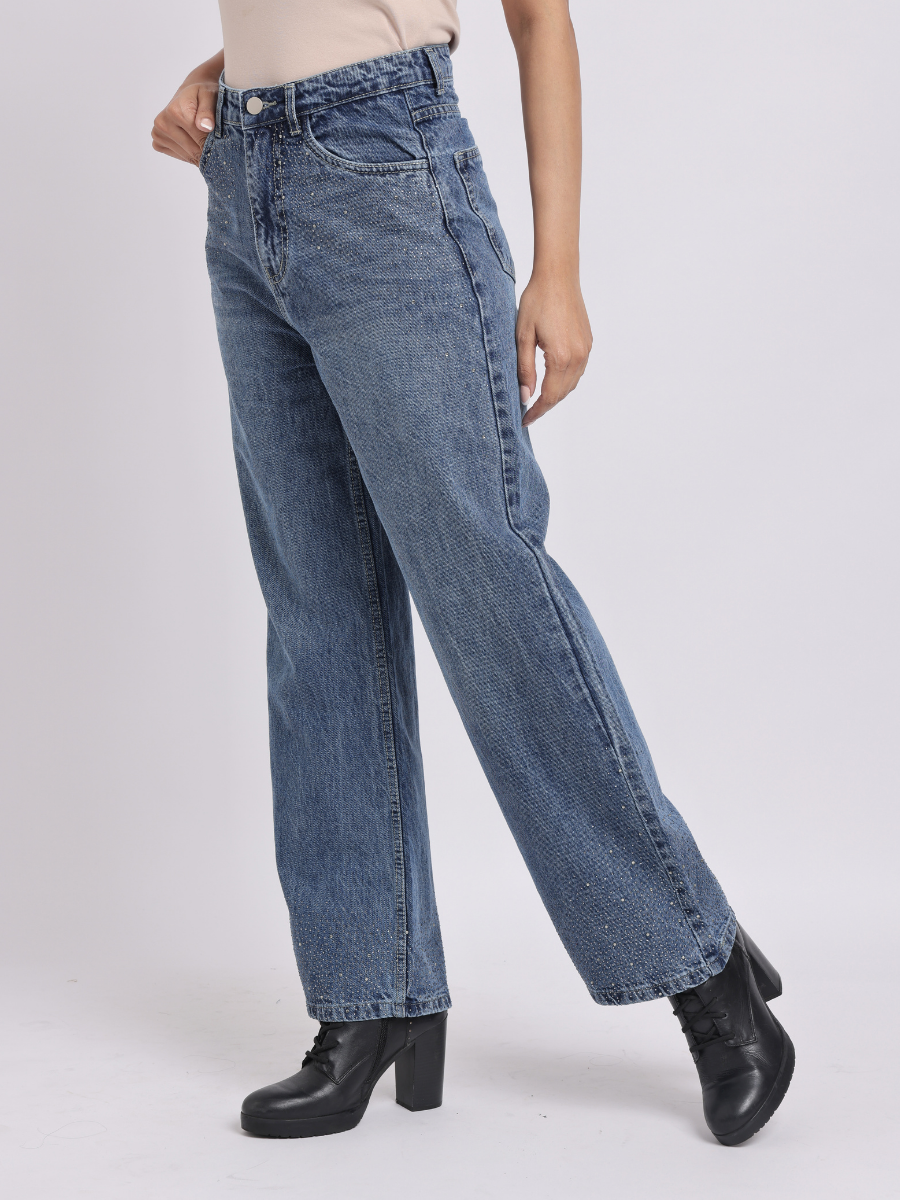 Mid-Blue Rhinestone Straight-Fit Jeans