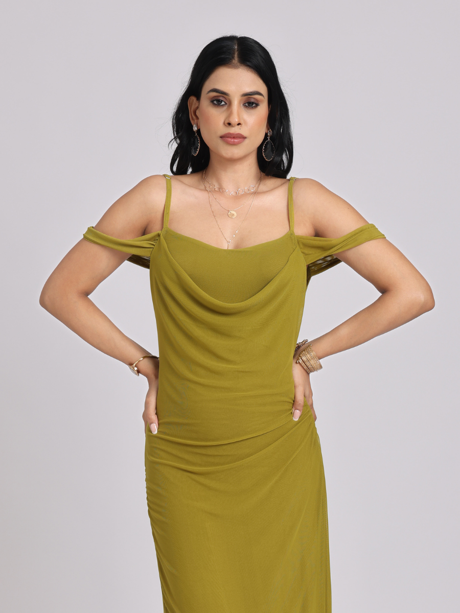 Olive Green Draped Cold-Shoulder Maxi Dress