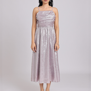 Metallic Lavender Back-Bow Midi Dress