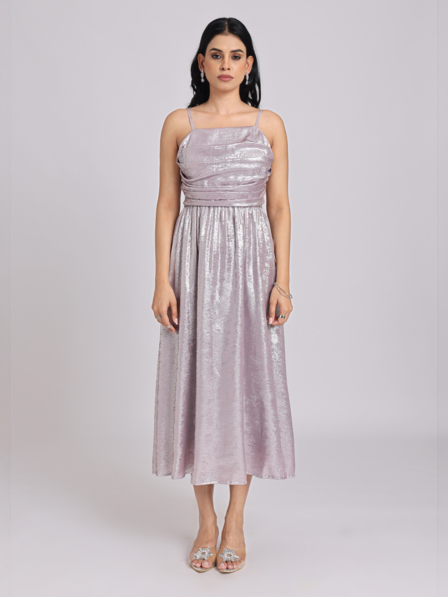 Metallic Lavender Back-Bow Midi Dress
