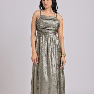 Metallic Gold Cowl-Neck Bow-Back Midi Dress