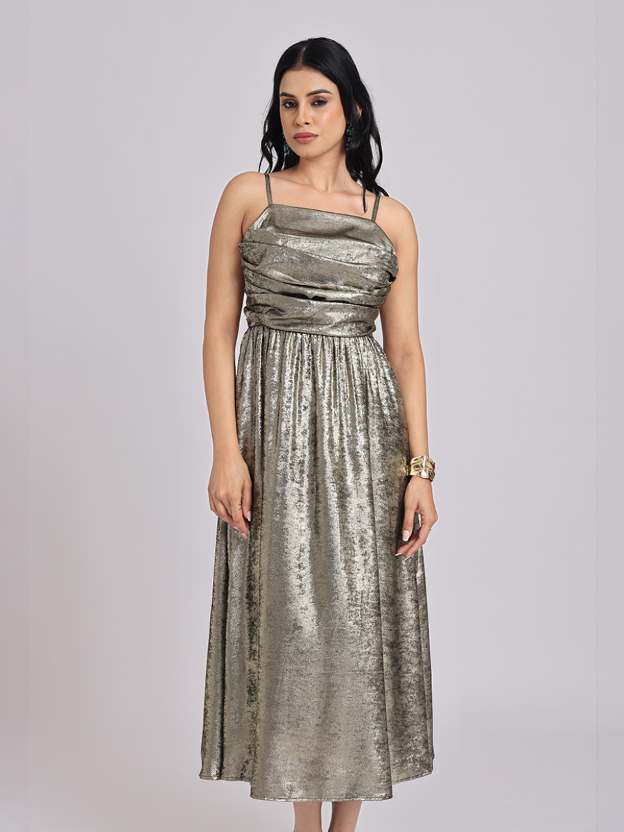 Metallic Gold Cowl-Neck Bow-Back Midi Dress
