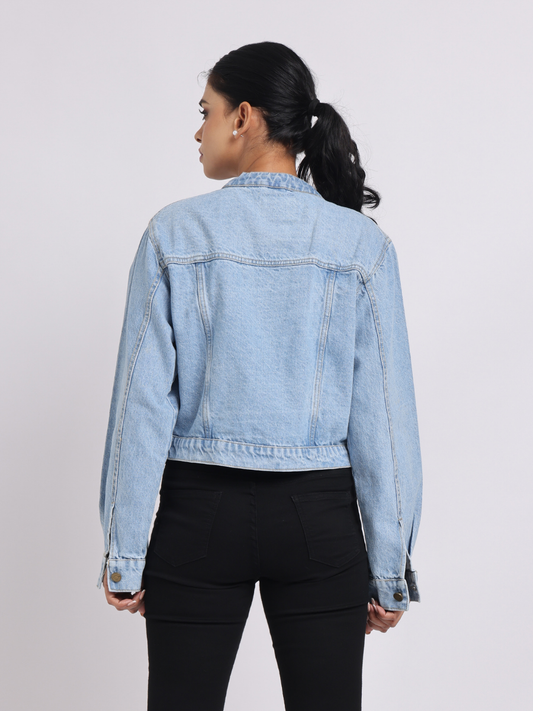 Light Blue Cropped Denim Jacket with Zip Detail