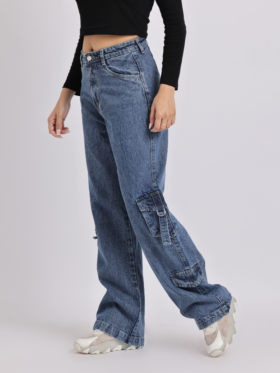 High-Waist Cargo Wide-Leg Jeans