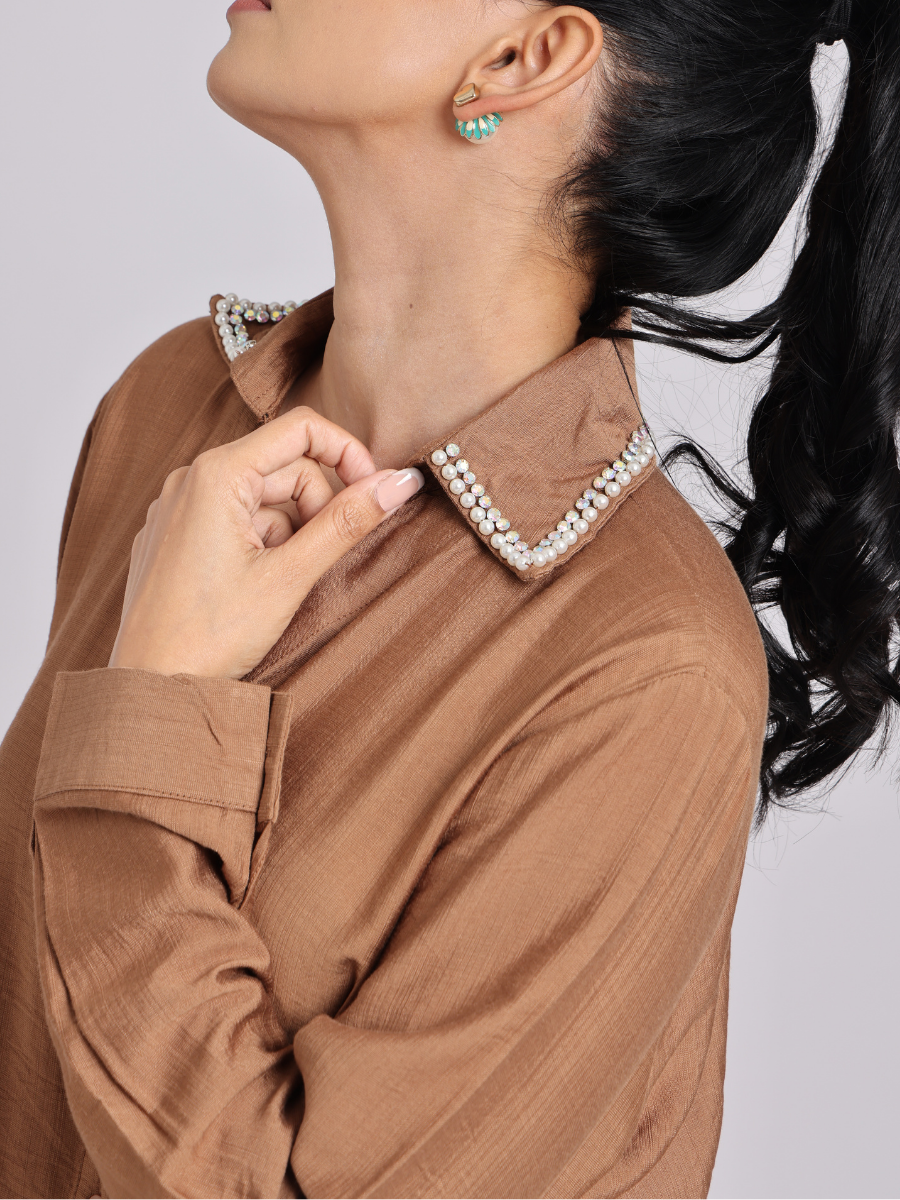 Elegant Rust Brown Pearl - Trim Shirt