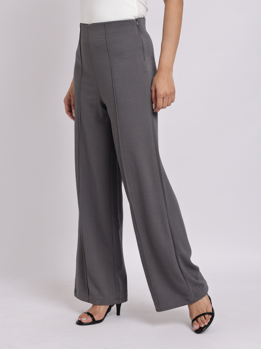 Grey High-Waist Tailored Wide-Leg Trousers