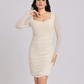 Ivory Ruched Mesh-Sleeve Bodycon Mini Dress