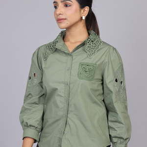 Olive Cutwork Embroidered Cotton Shirt