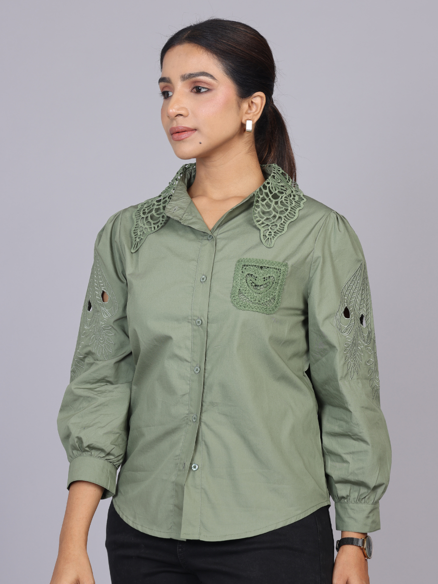 Olive Cutwork Embroidered Cotton Shirt
