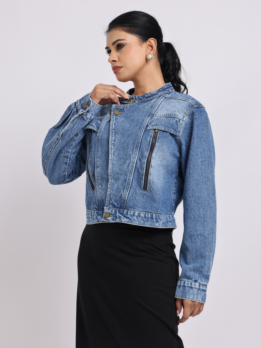Blue Cropped Denim Jacket with Front Zip Detailing