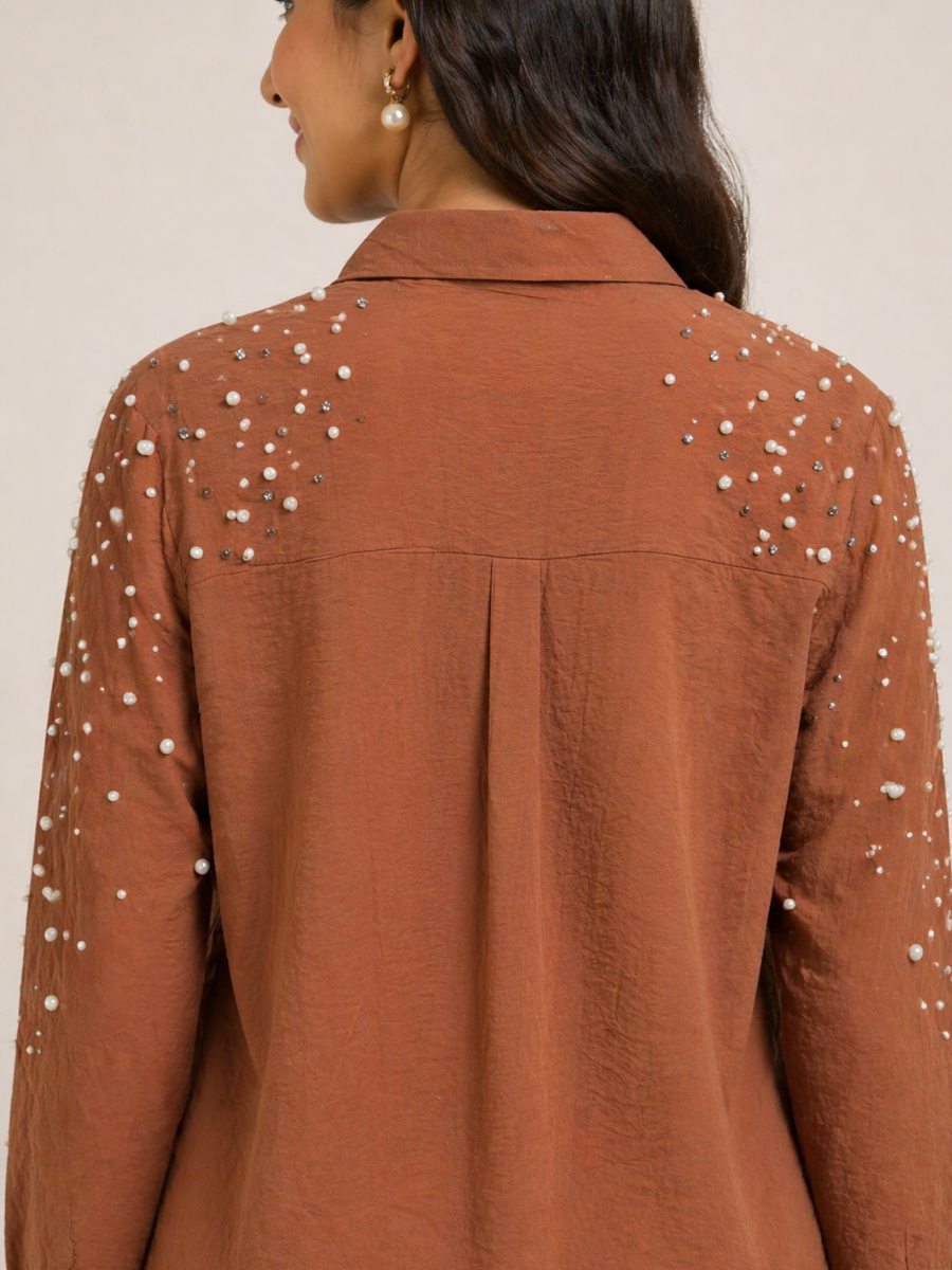 Brown Fit Pearl & Diamond-Embellished Shirt