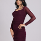 Wine Ruched Mesh-Sleeve Bodycon Mini Dress