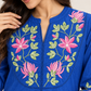 Blue Embroidered Cotton A-Line Midi Dress